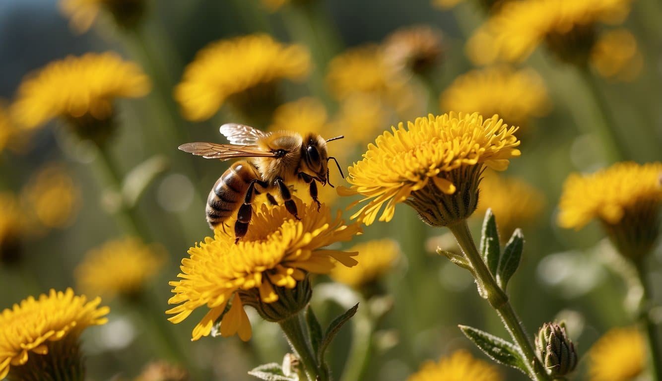 A cluster of honey bees gathers around a vibrant yellow flower, collecting nectar and pollen.</p><p>The sun shines down on the bustling activity of the hive, as bees come and go, carrying out their important work