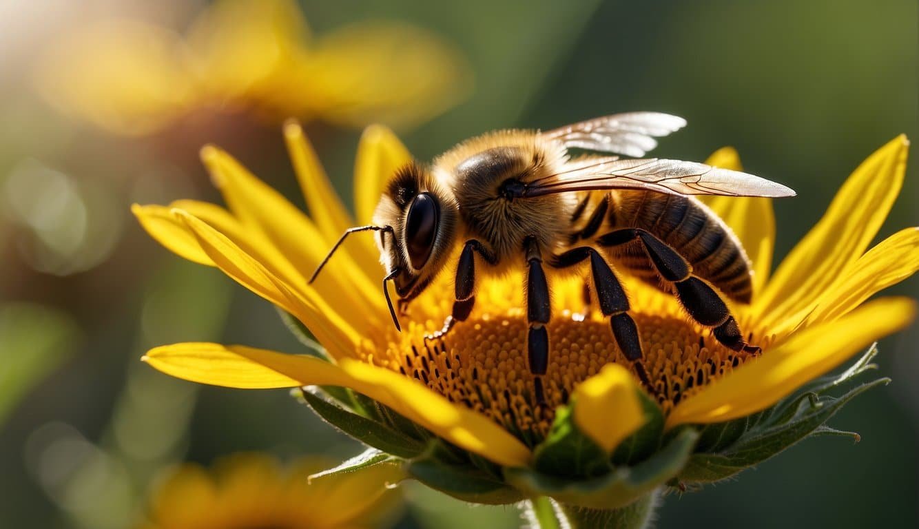 A honey bee lands on a vibrant yellow sunflower, collecting nectar with its long proboscis while pollen sticks to its fuzzy body