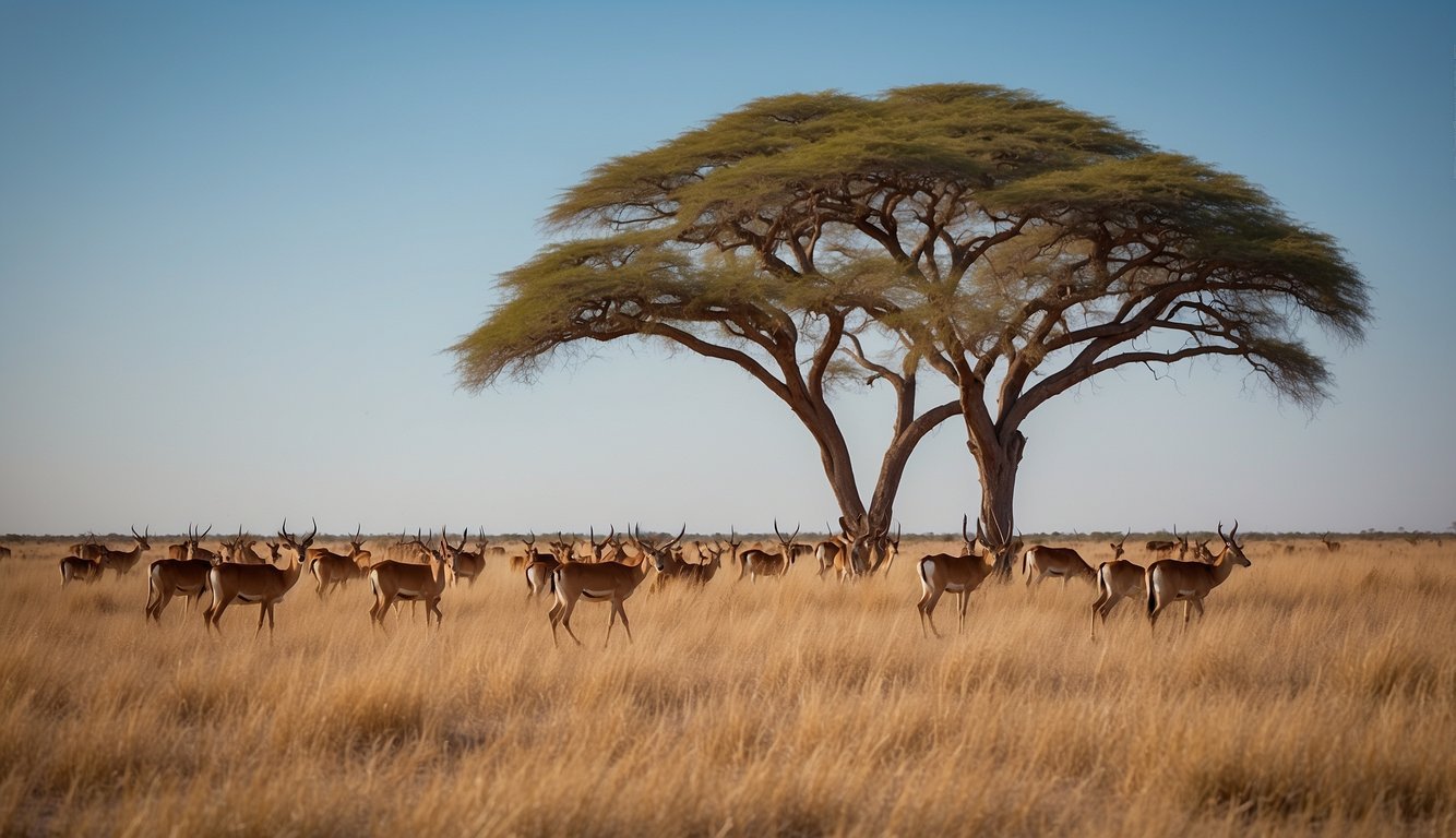 A herd of impalas grazing in a vast savanna, with acacia trees in the background and a clear blue sky above