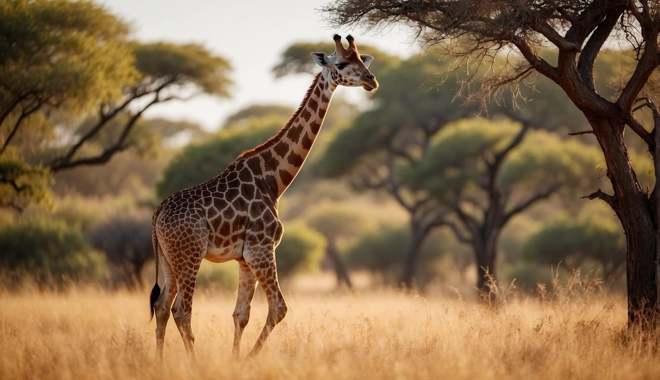 A giraffe peacefully grazing in a savanna, surrounded by acacia trees and other wildlife