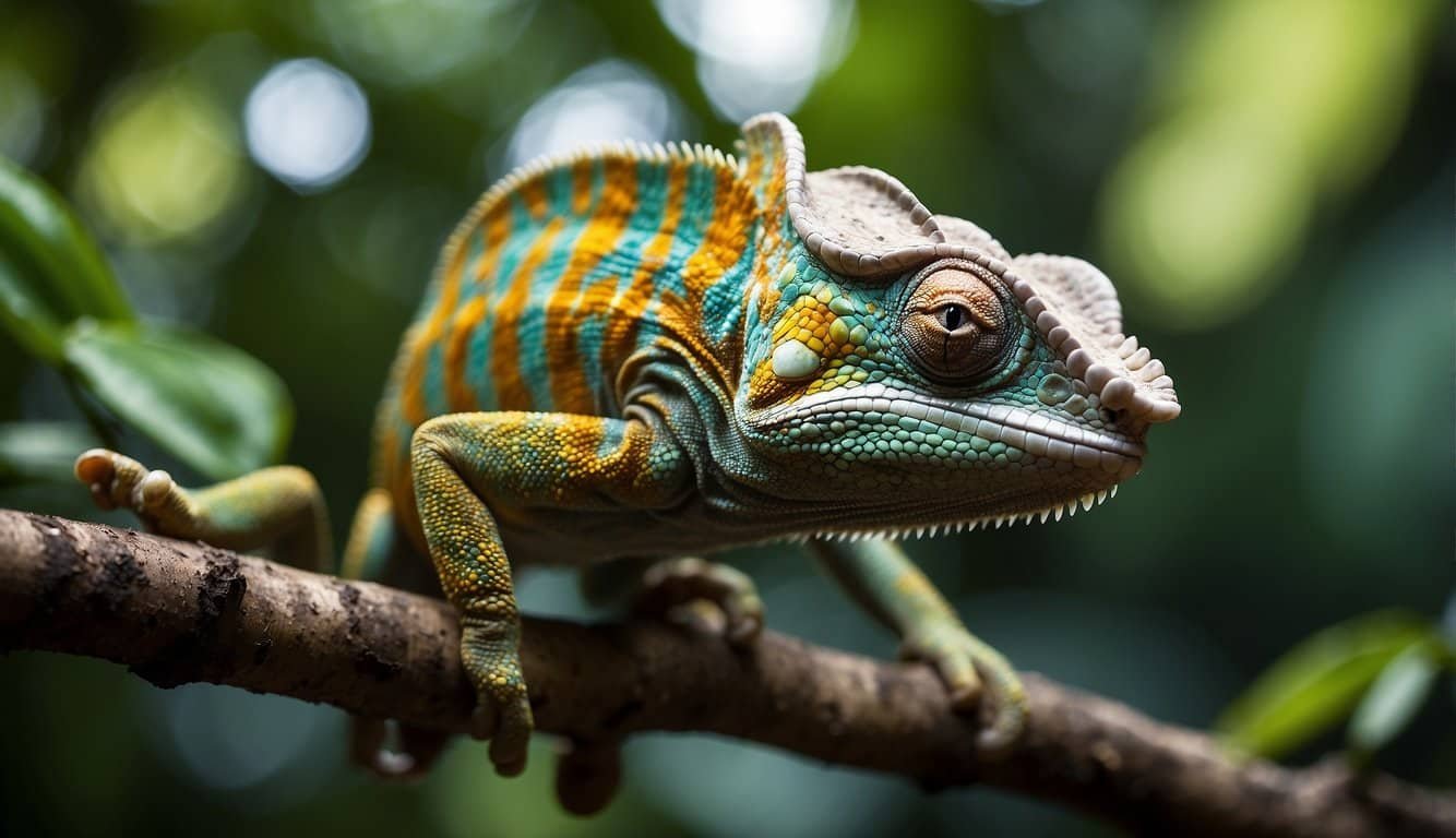 A chameleon perches on a branch in a lush jungle, its long, sticky tongue reaching out to catch a passing insect.</p><p>The vibrant colors of the chameleon's skin blend seamlessly with the foliage around it