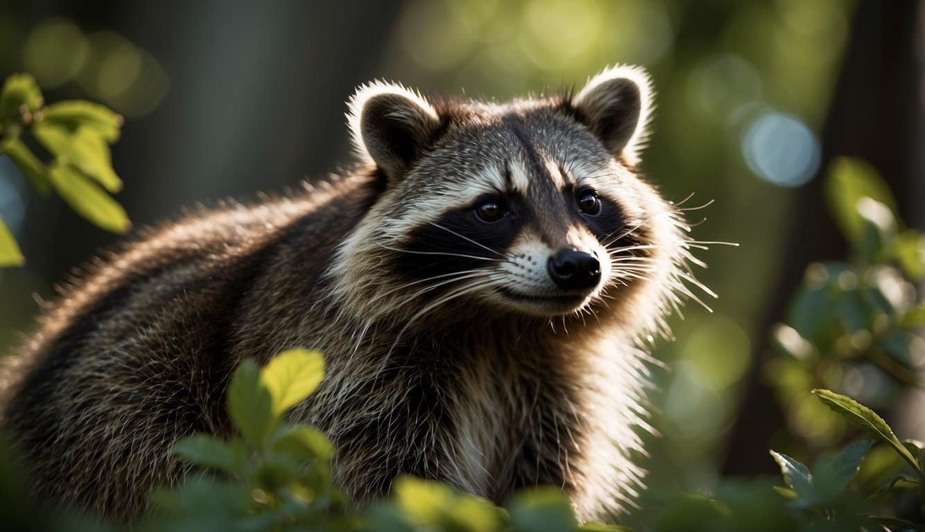 A raccoon forages for food in a lush forest habitat, searching for berries, insects, and small animals to eat