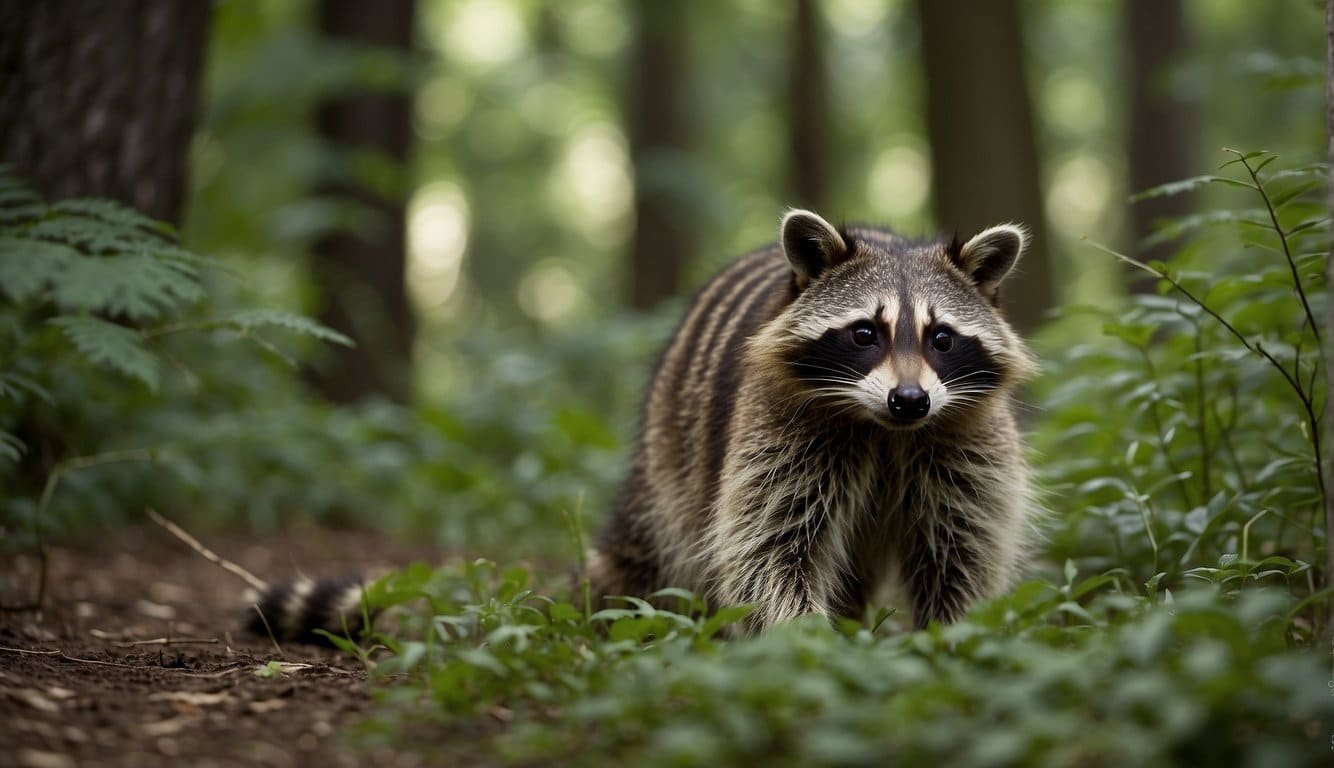 A raccoon forages for food in a lush, green forest, while another raccoon playfully chases after it