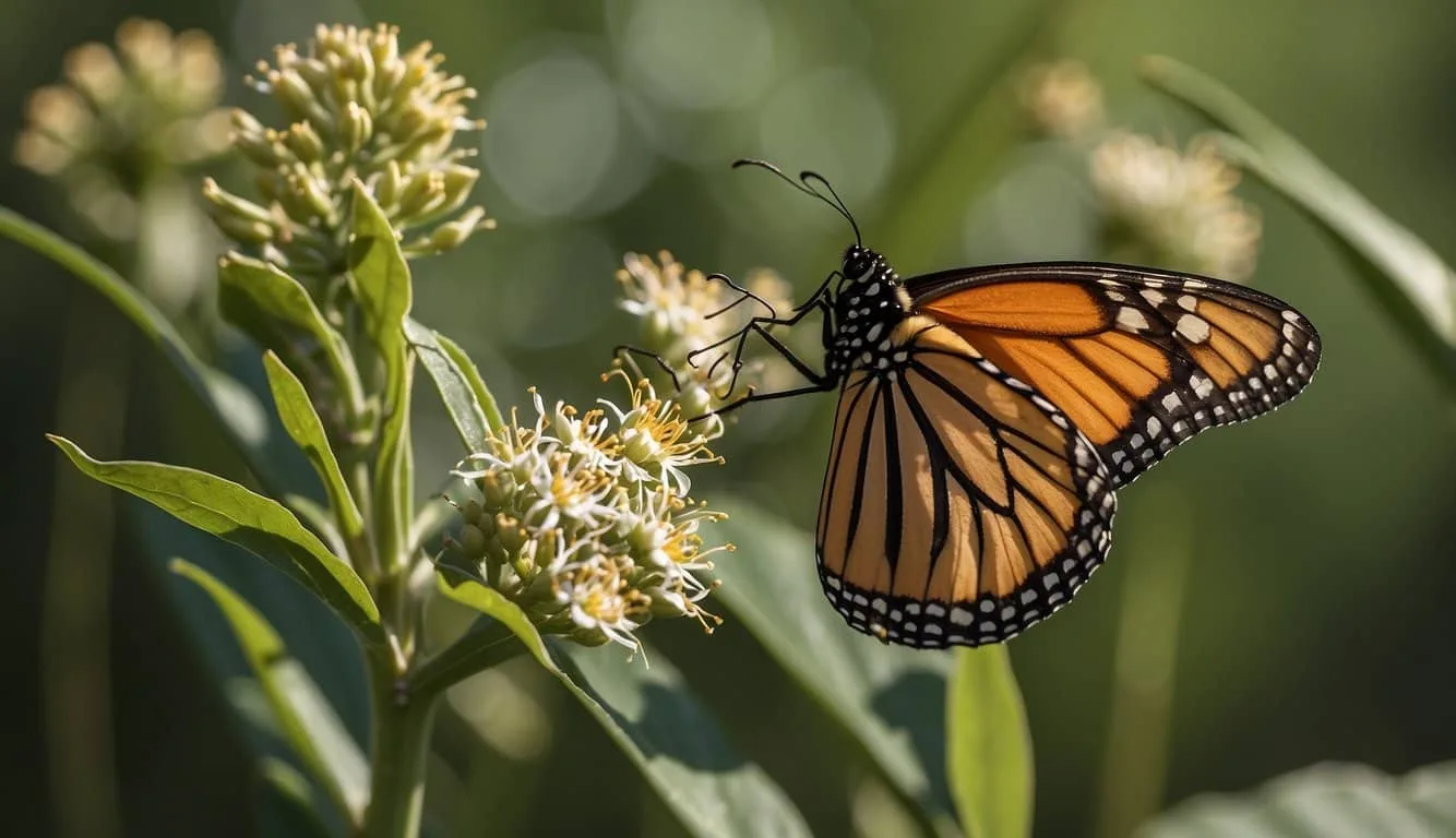 A monarch butterfly lays eggs on milkweed, caterpillars hatch and feed, then form chrysalises. Adults emerge, mate, and lay eggs, completing the life cycle