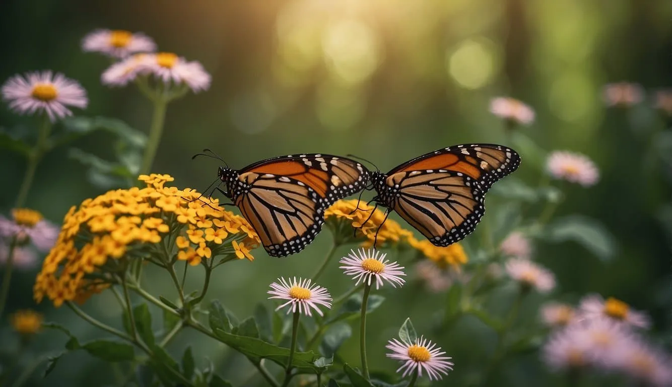 A cluster of monarch butterflies migrates through a lush, green forest, pausing to rest on vibrant wildflowers