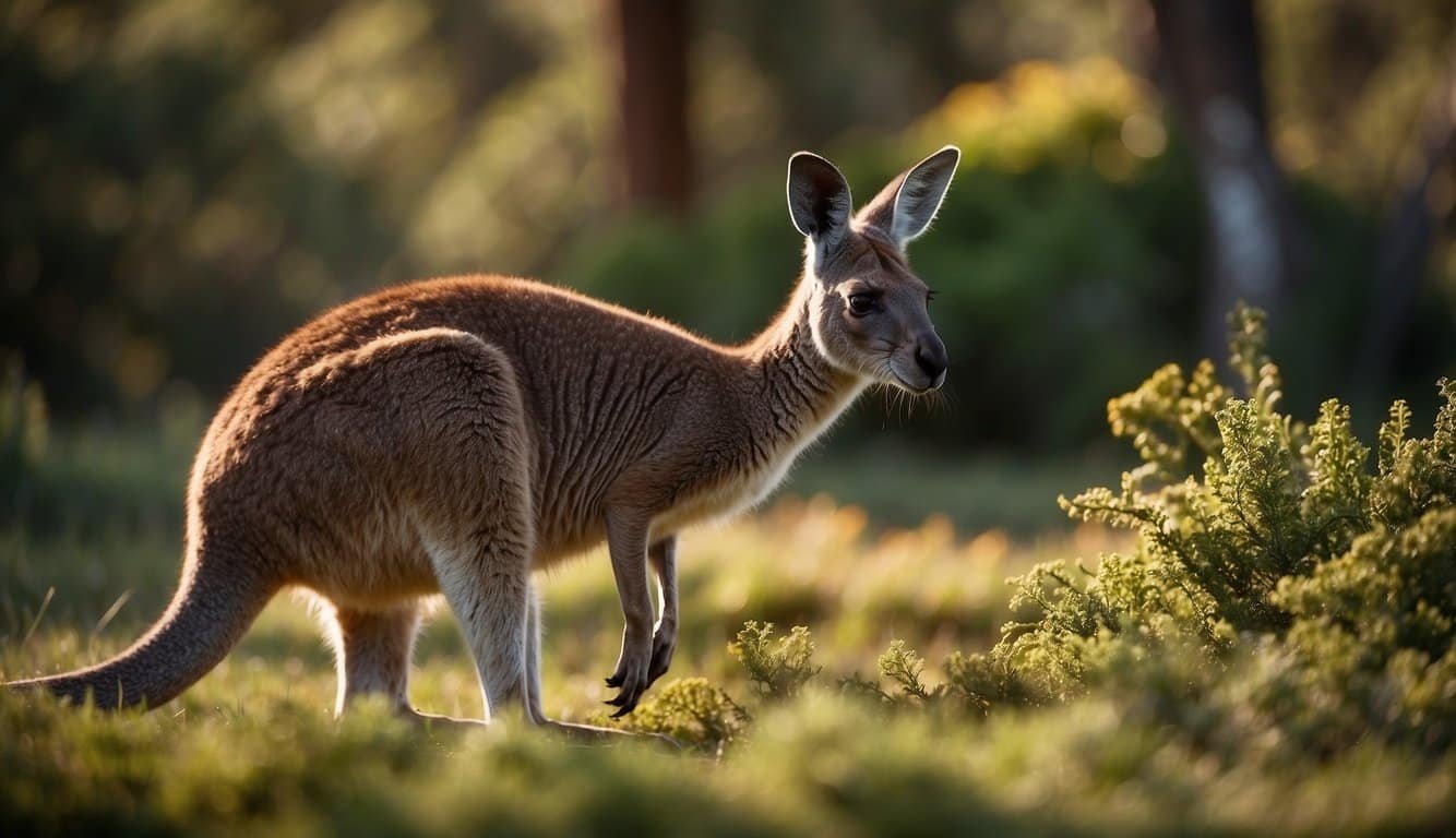 A kangaroo grazing peacefully in a natural setting, surrounded by diverse plant life and other native wildlife