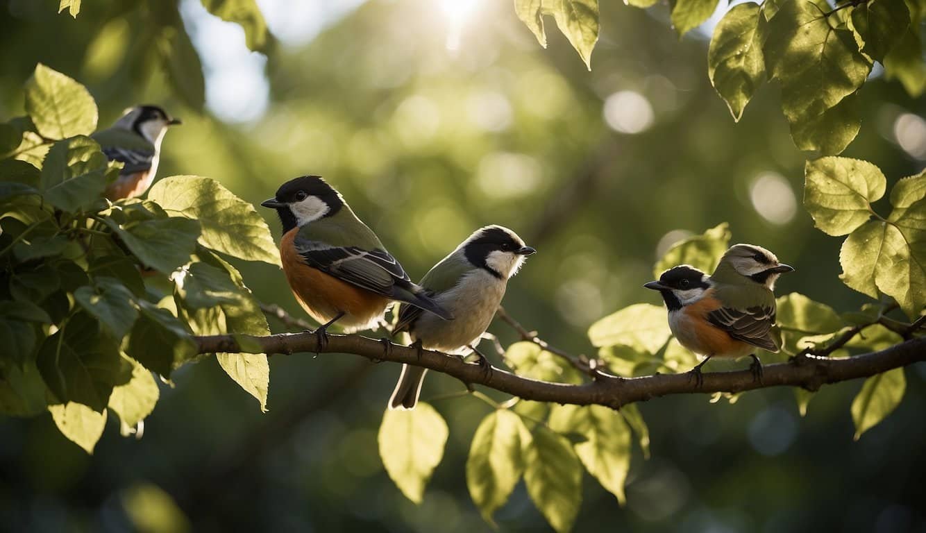 Birds of different species perched on tree branches in a lush, diverse habitat.</p><p>Sunlight filters through the leaves, casting dappled shadows on the ground