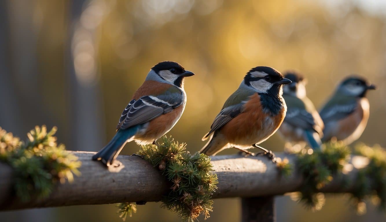 Birds perched on branches, observed by a person with binoculars.</p><p>Bird feeders and birdhouses in the background