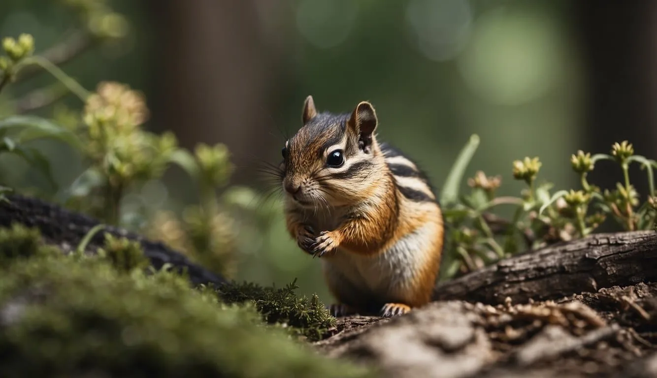 A chipmunk interacts with its natural habitat, collecting and storing food for conservation