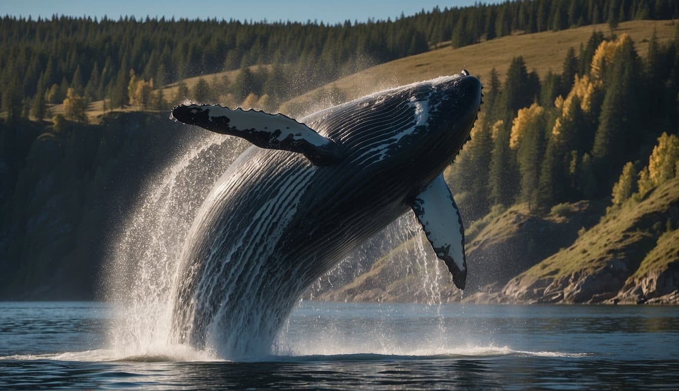 A massive whale breaches the surface, water cascading off its sleek body as it arches gracefully into the air