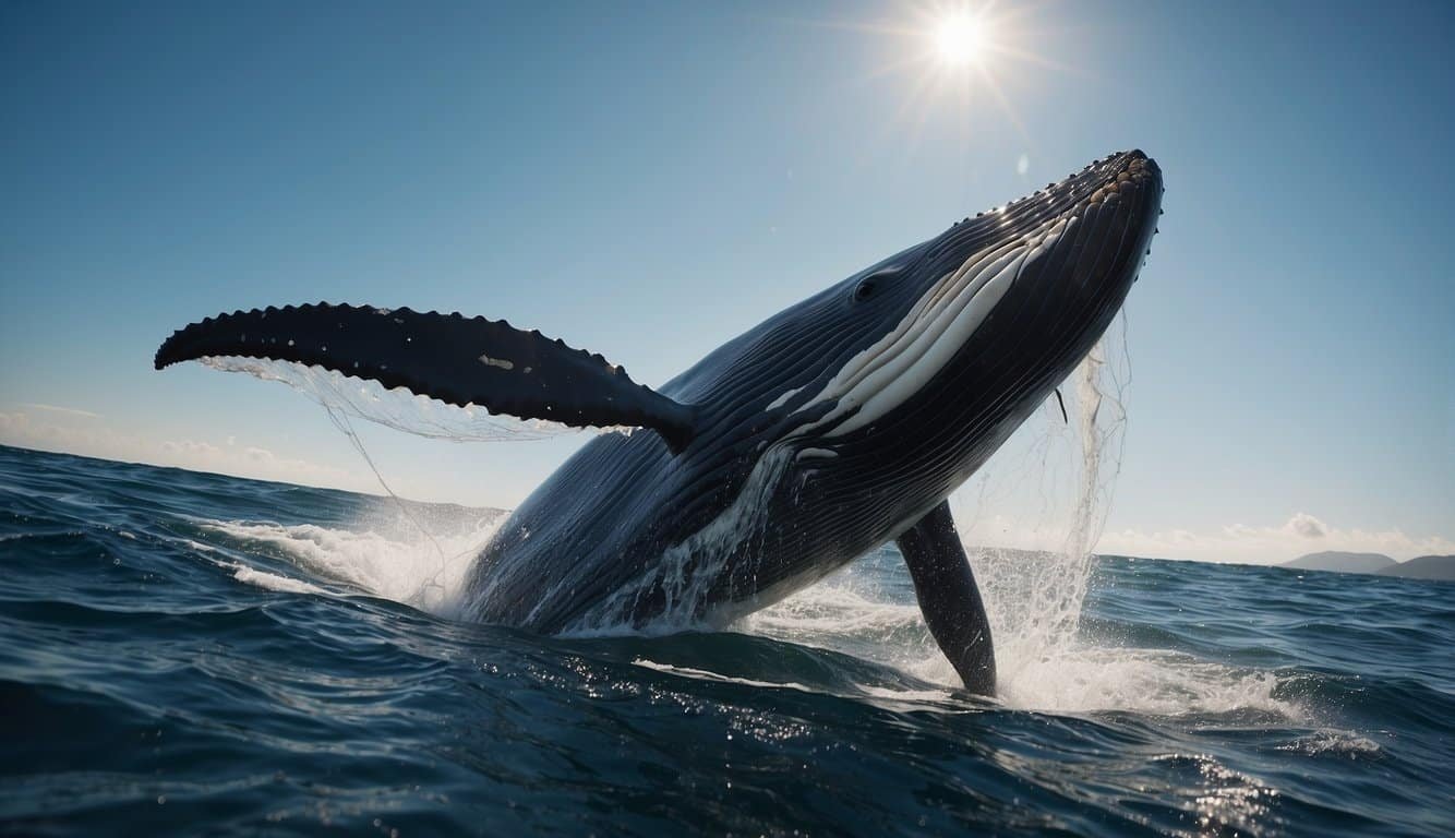 A majestic whale breaches the ocean surface, surrounded by plastic debris and fishing nets, highlighting the threats to its conservation