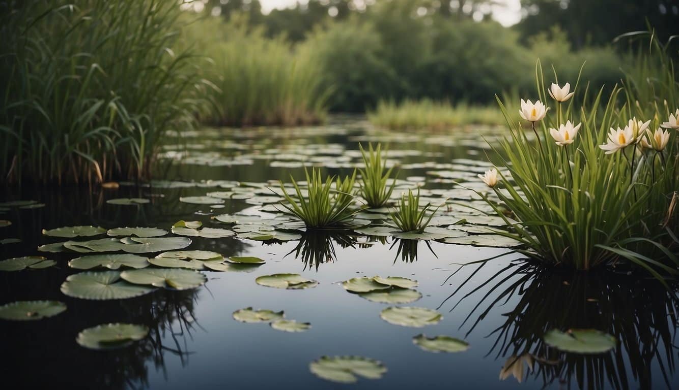 A swamp with lily pads, reeds, and a variety of amphibians blending into their surroundings