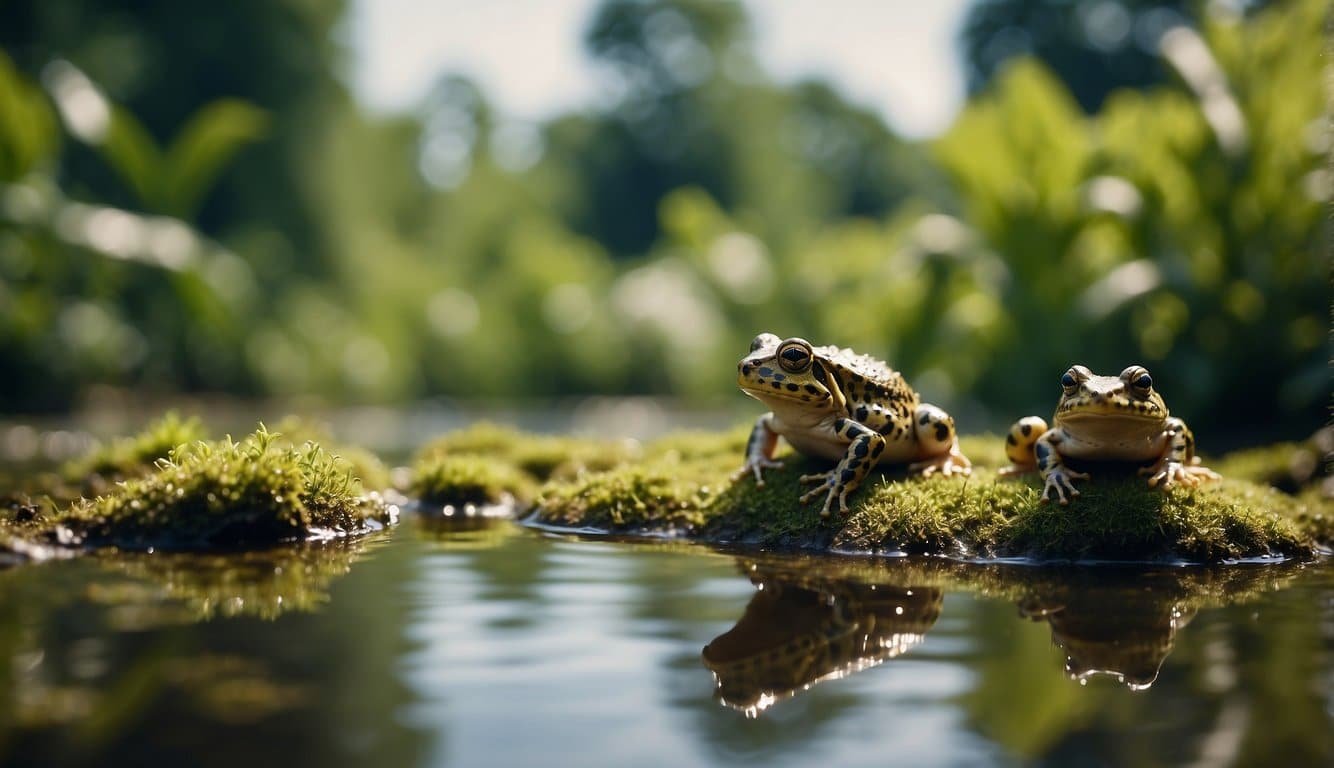 A pond teeming with amphibians of various sizes and colors, surrounded by lush vegetation and vibrant insects