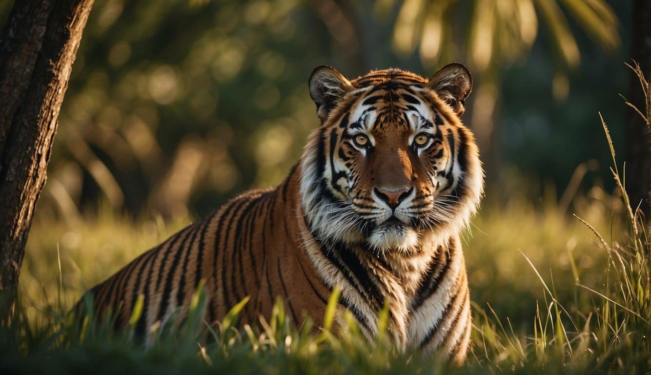 A majestic tiger standing in tall grass, its golden fur glistening in the sunlight.</p><p>Its piercing eyes surveying the surrounding jungle with a sense of strength and confidence