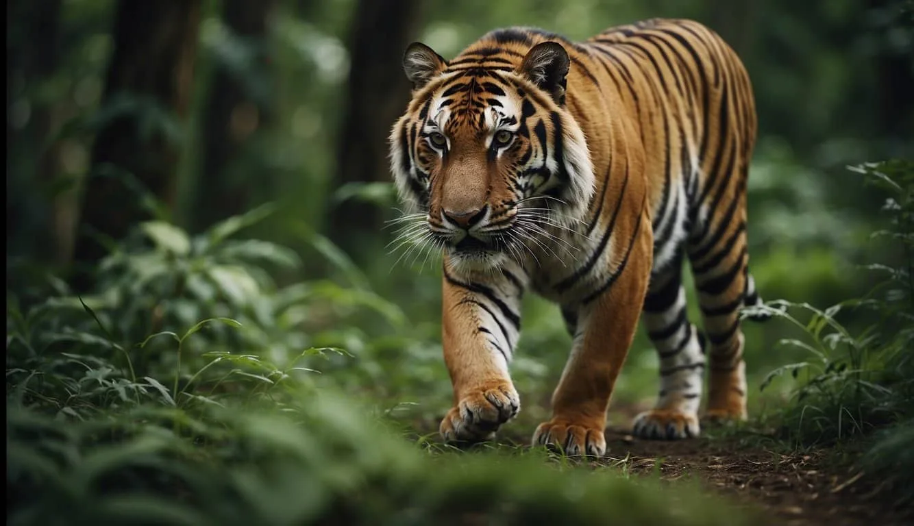 A tiger prowls through a lush jungle, stalking its prey.</p><p>It crouches low, ready to pounce on a deer grazing nearby