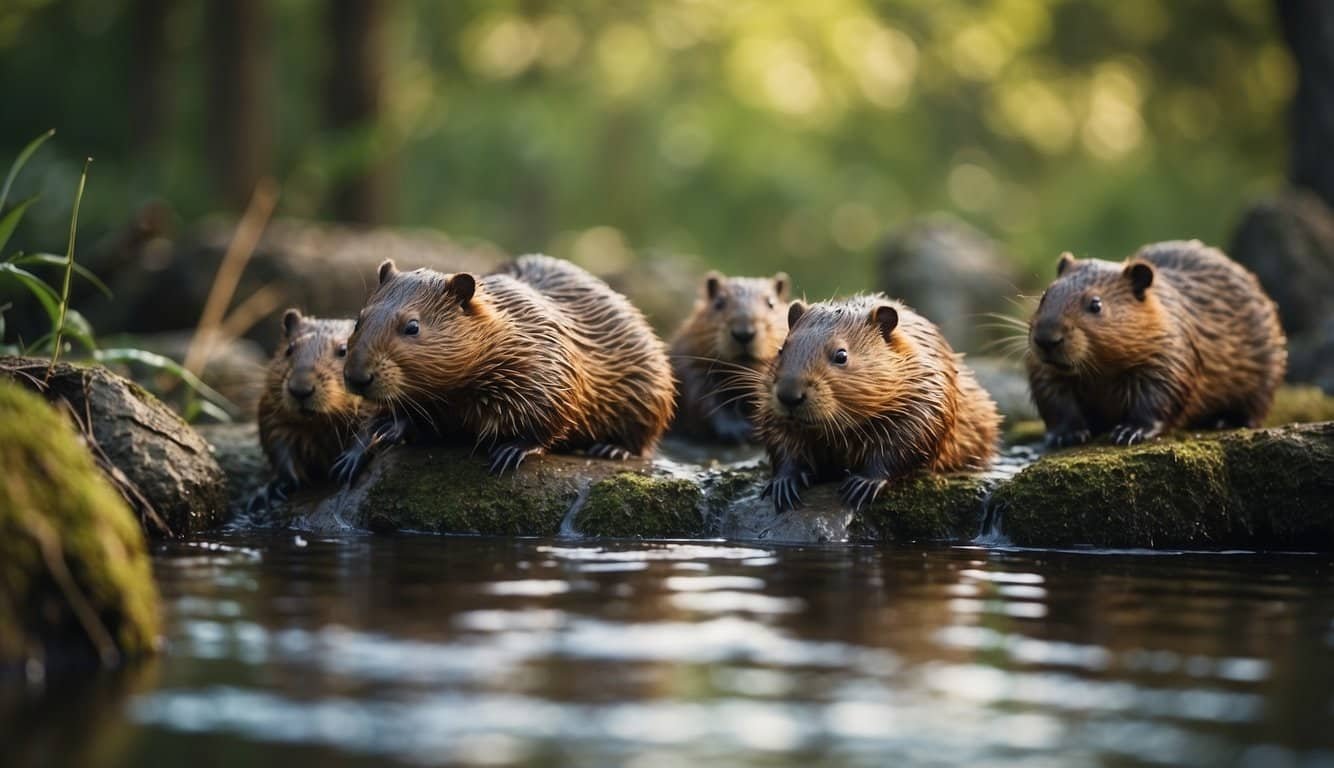 Beavers build a dam, creating a pond. They interact with other wildlife, like ducks and fish, in a lush, forested setting