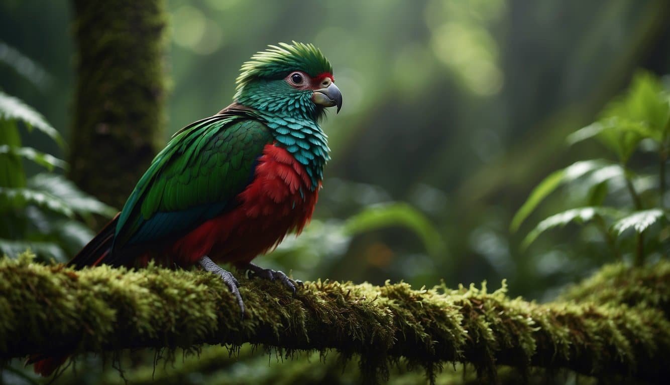 A quetzal perches on a moss-covered branch, its iridescent green and red feathers shimmering in the dappled sunlight of the cloud forest