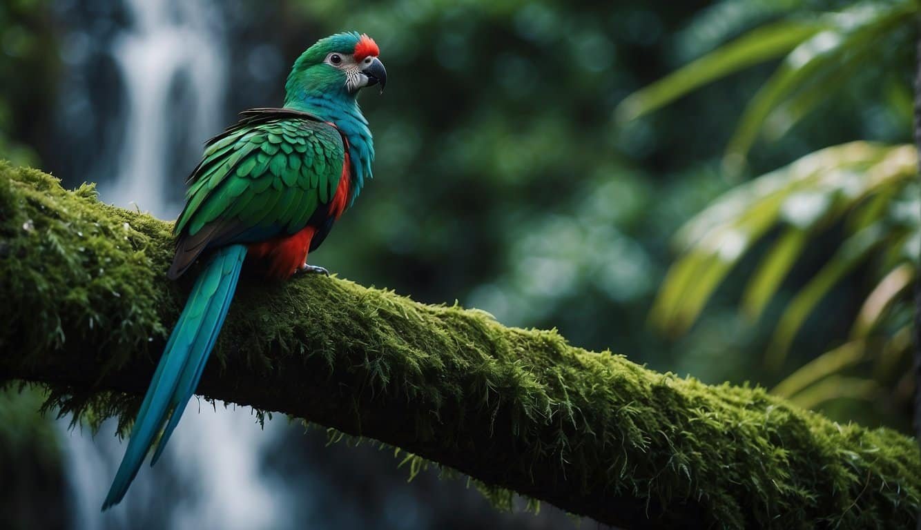 A quetzal perched on a moss-covered branch surrounded by lush green foliage, with a waterfall in the background