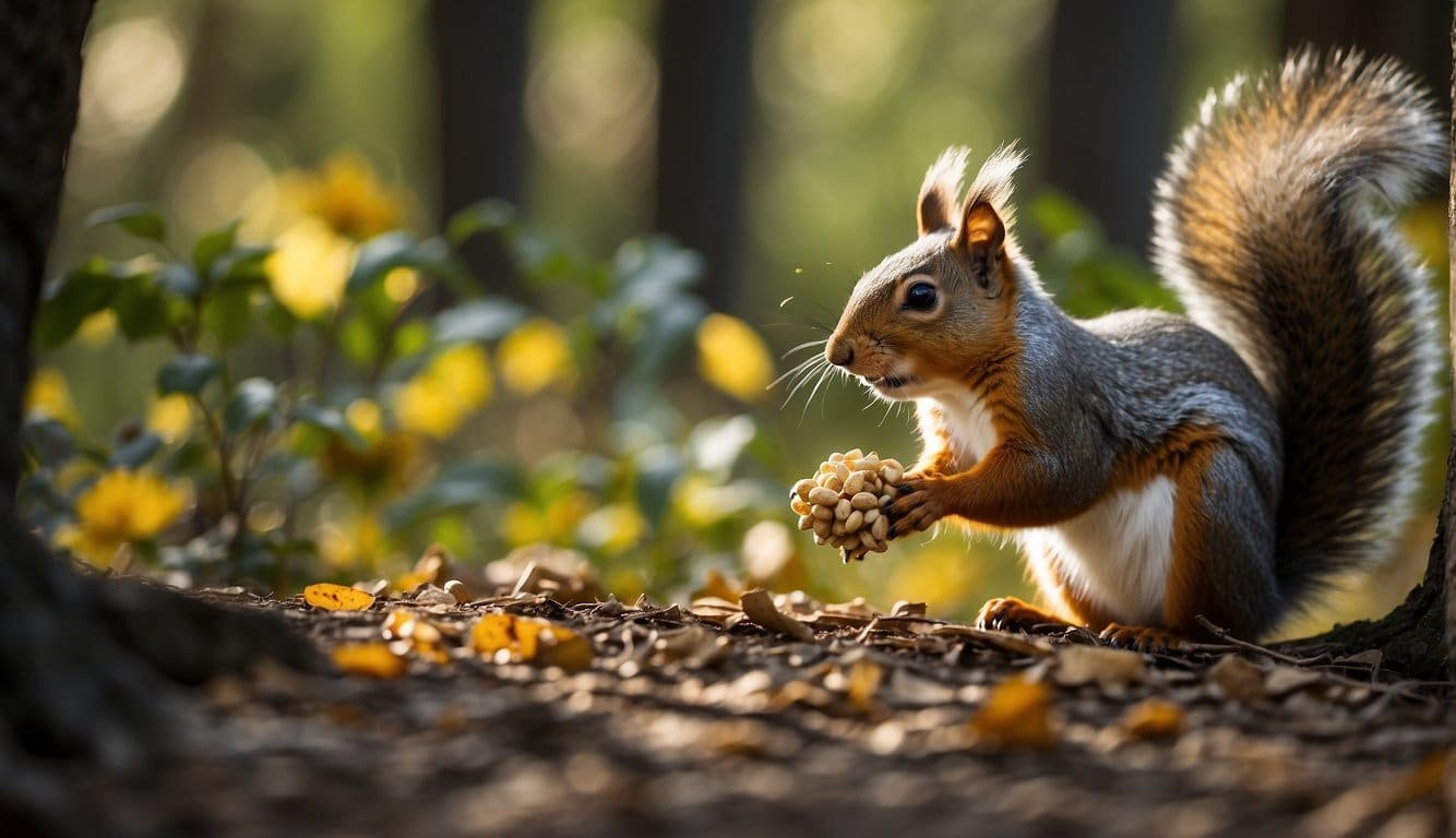 A squirrel scampers through the forest, pausing to nibble on nuts and seeds it finds on the ground