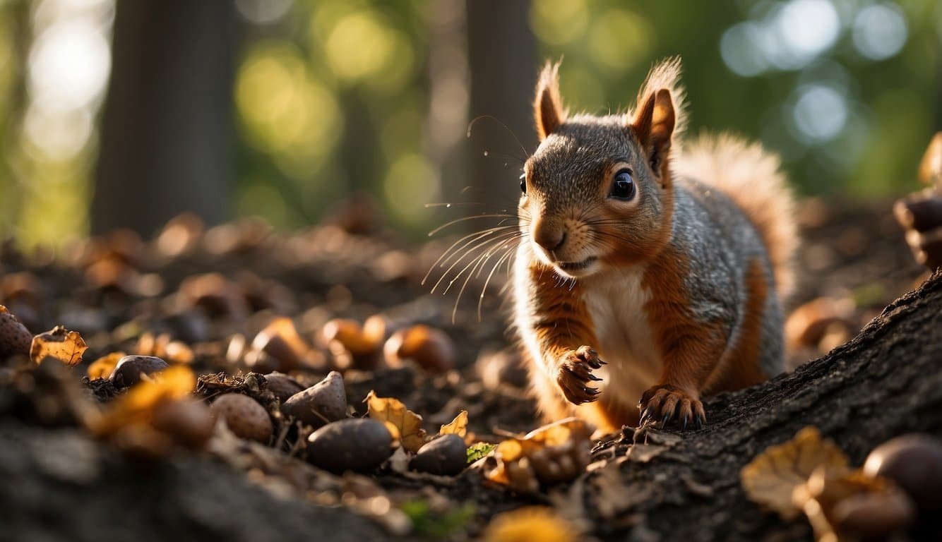 A squirrel climbs a tree, gathering acorns.</p><p>It buries them in the ground, where they sprout into new trees