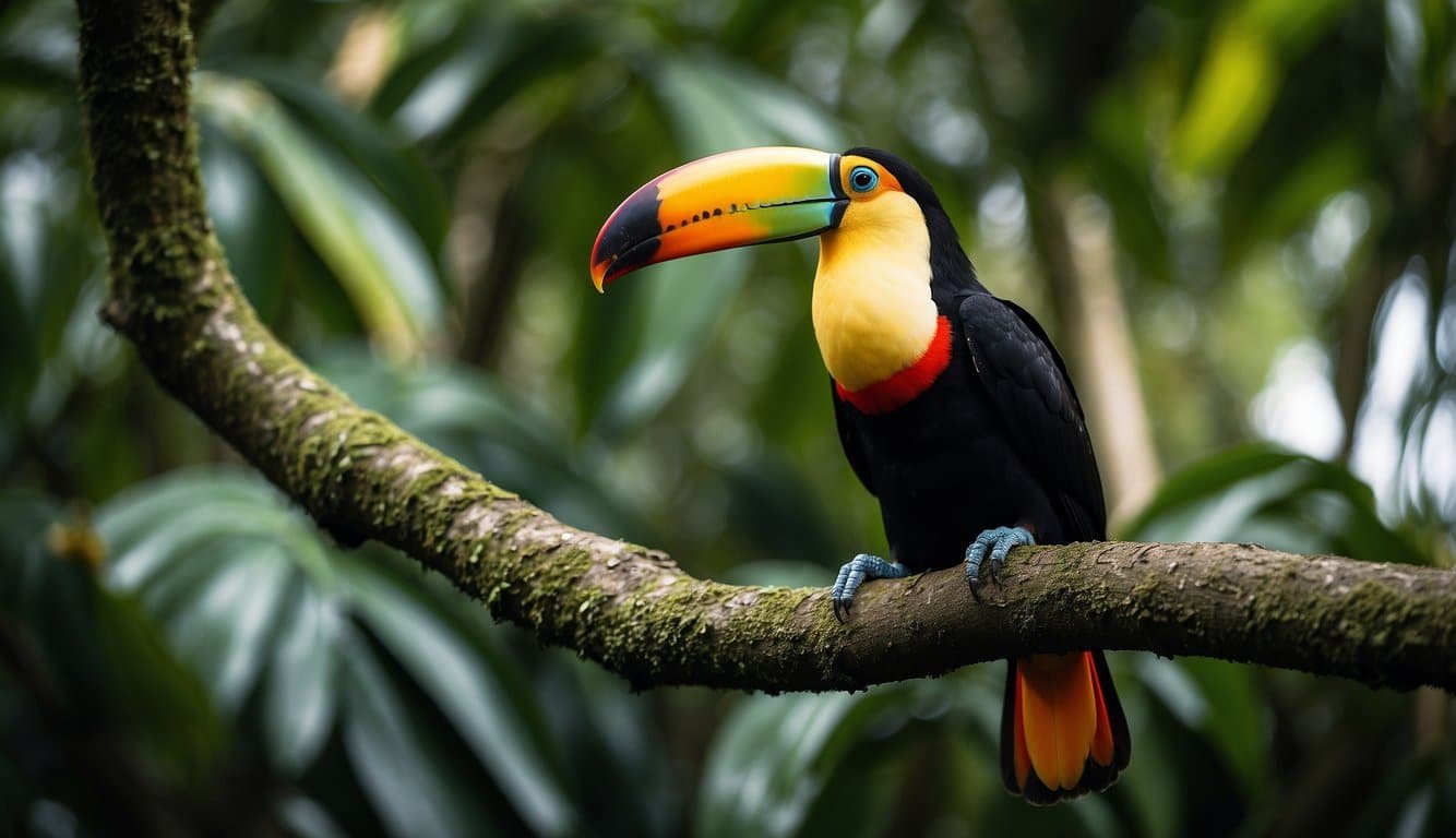 A vibrant toucan perches on a tree branch, surrounded by lush green foliage.</p><p>It is threatened by deforestation and illegal wildlife trade