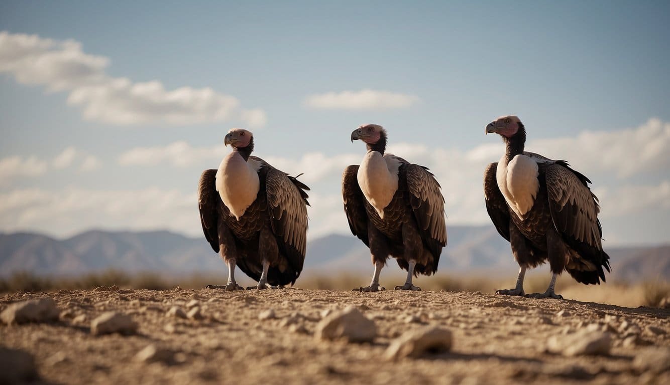 Vultures soaring high above a barren landscape, their sharp eyes scanning for prey below