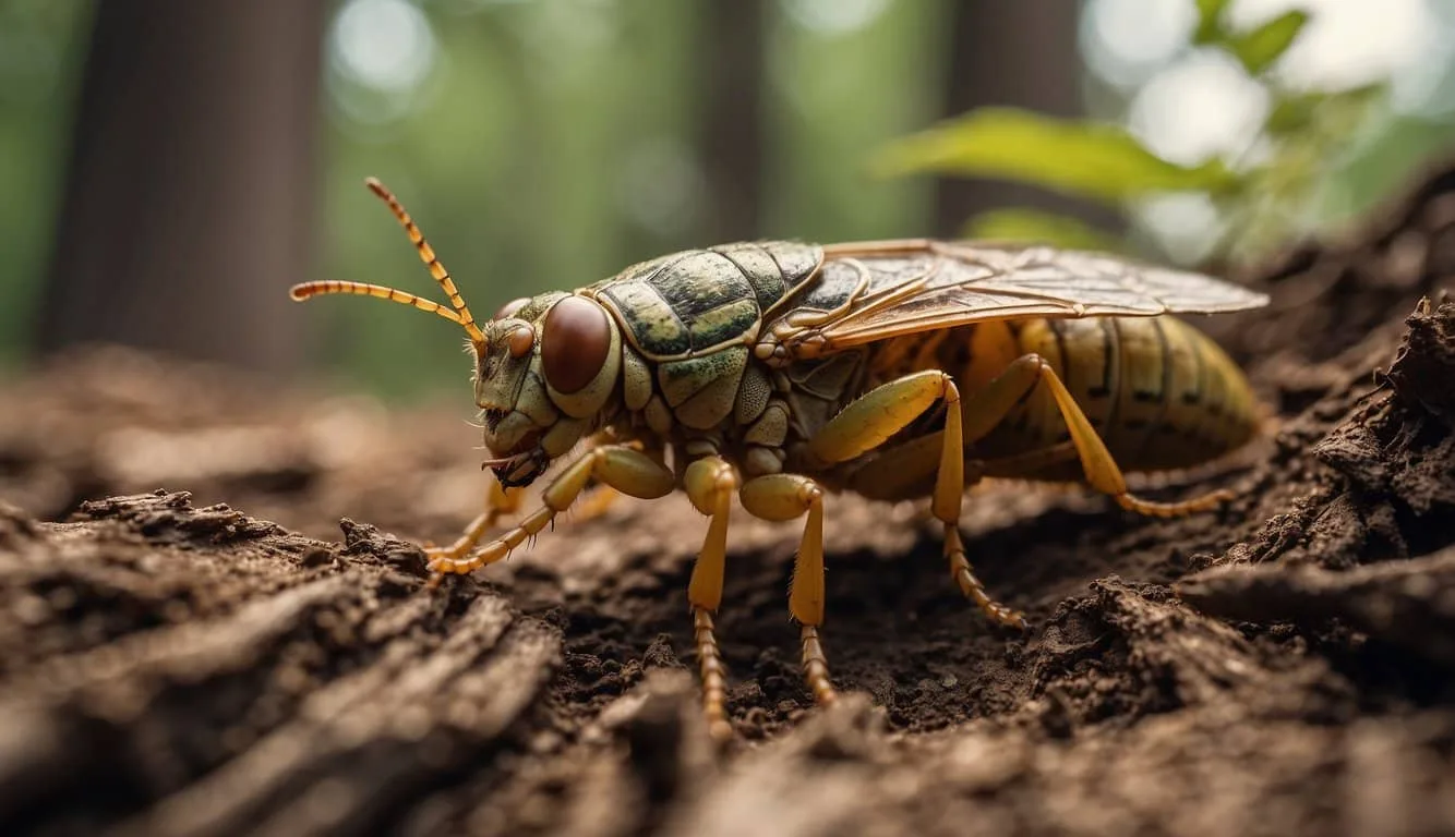 A cicada emerges from the ground, sheds its exoskeleton, and begins its adult life, singing in the trees and laying eggs in the bark