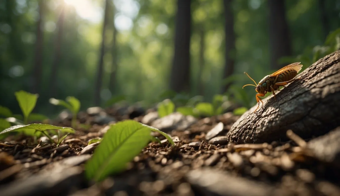 Cicadas emerge from the ground, trees sway in the breeze, and animals interact with the buzzing insects in a lush forest setting