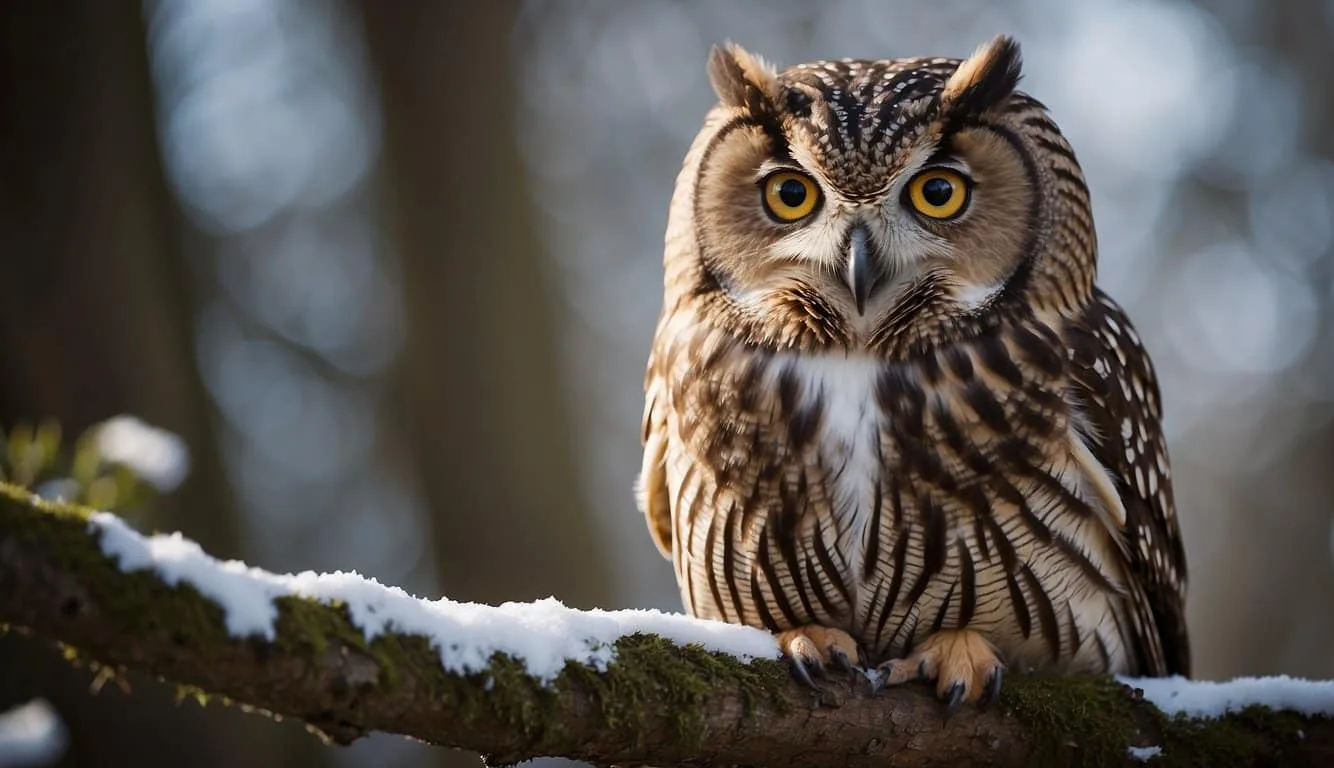 An owl perched on a tree branch, with its large round eyes staring intently ahead, feathers fluffed up against the cold