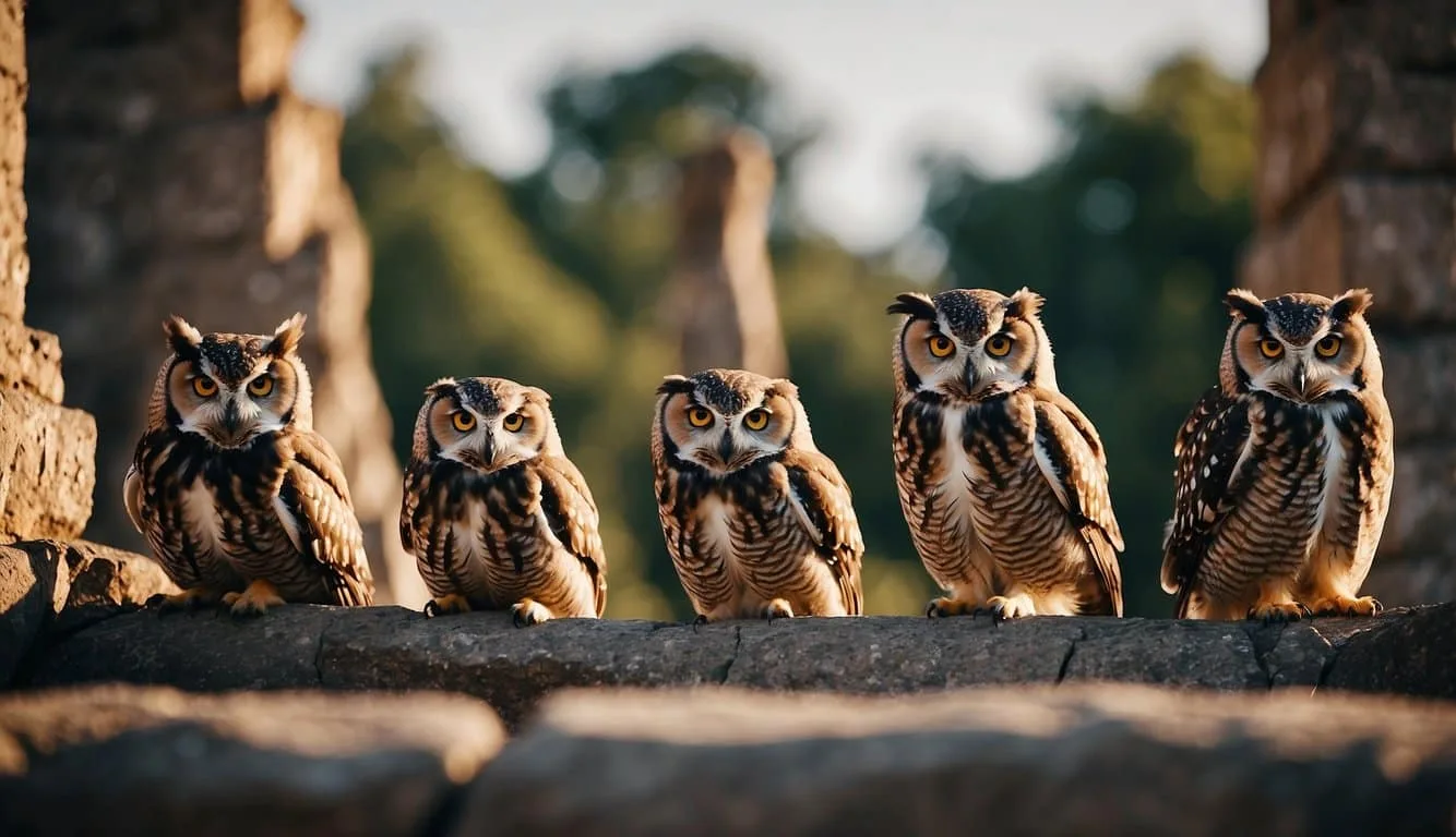 A circle of owls perched on ancient ruins, symbolizing cultural significance and human relations