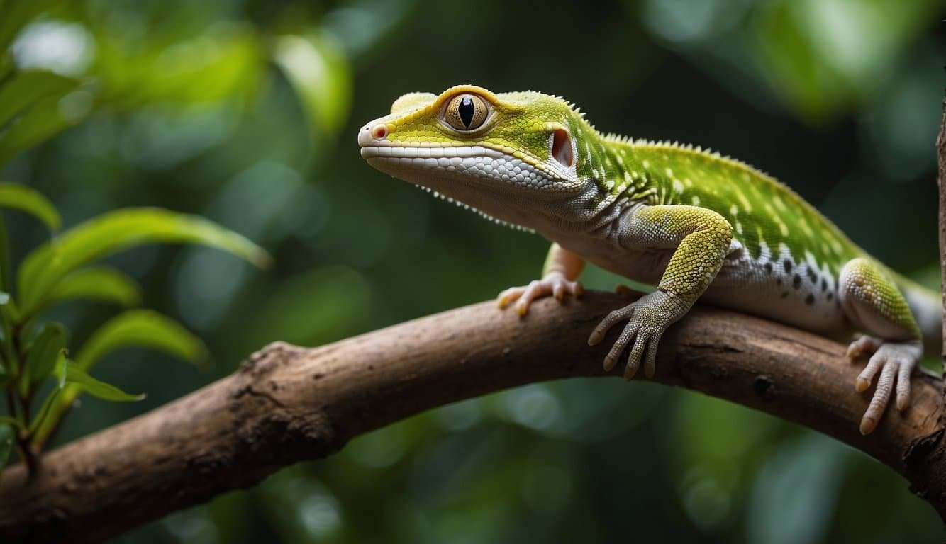 A gecko perches on a branch in a lush tropical habitat, surrounded by vibrant green foliage and small insects