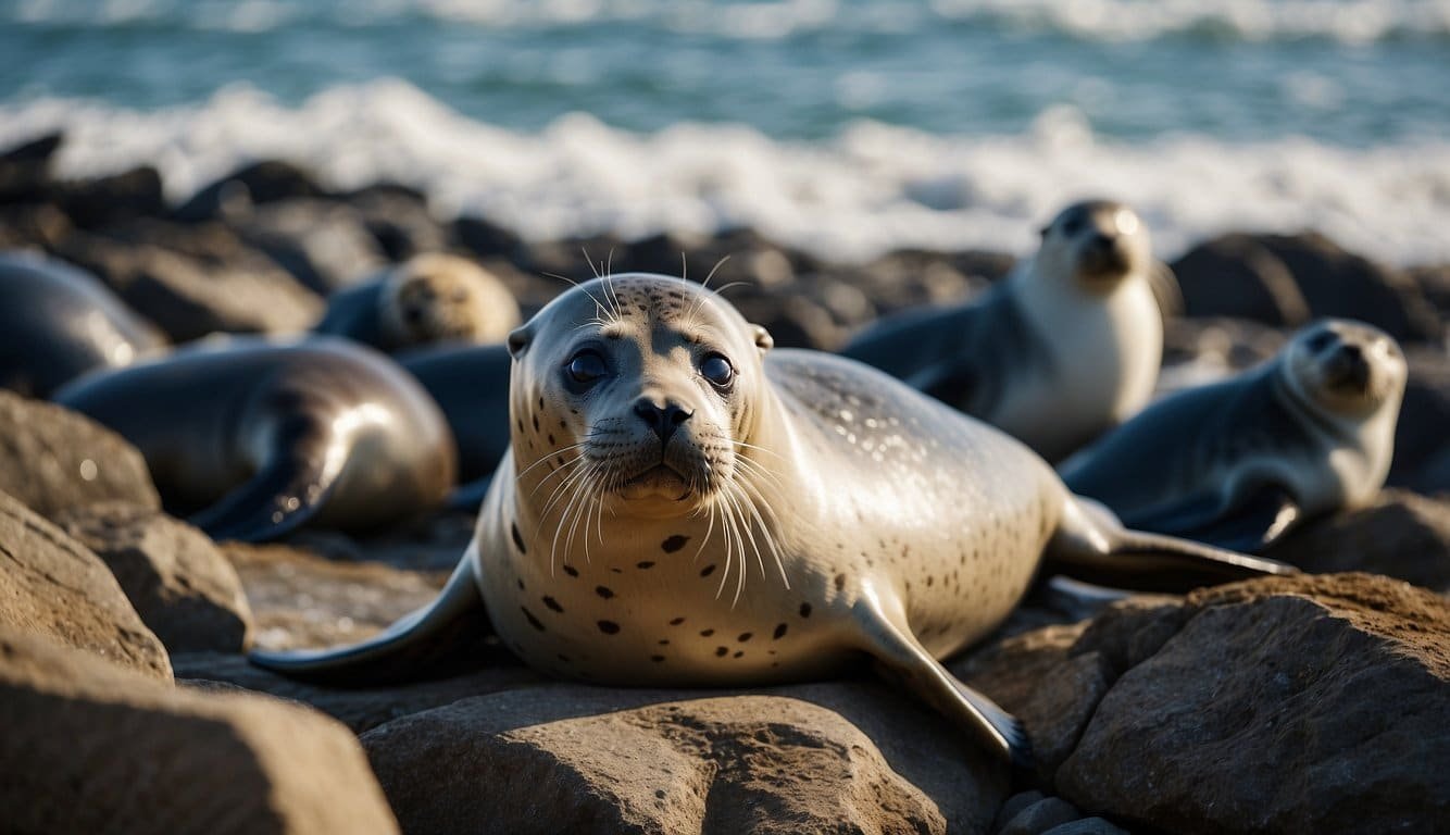 A seal lounges on a rocky shore, surrounded by crashing waves.</p><p>It basks in the sun, surrounded by other seals, while seabirds circle overhead