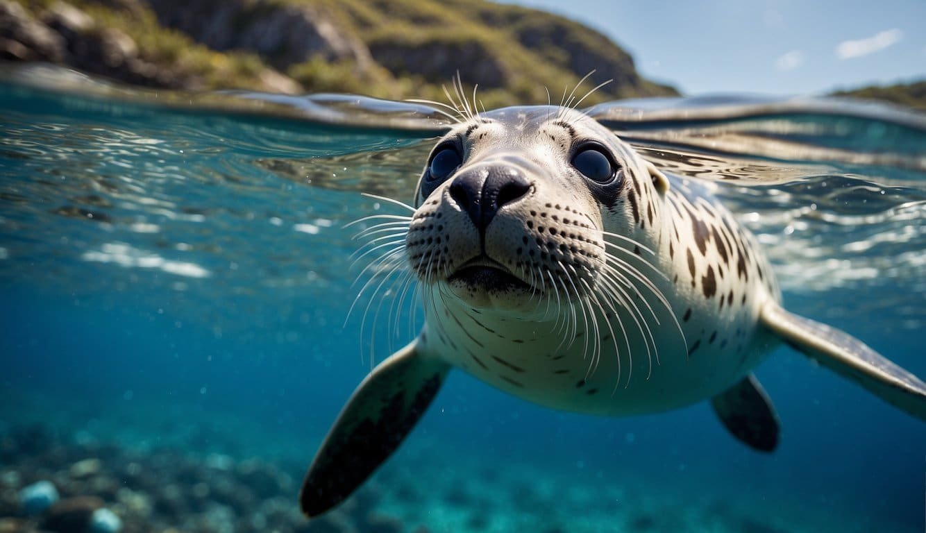 A seal swims in clear blue water, surrounded by floating debris.</p><p>A conservation logo is visible on a nearby boat