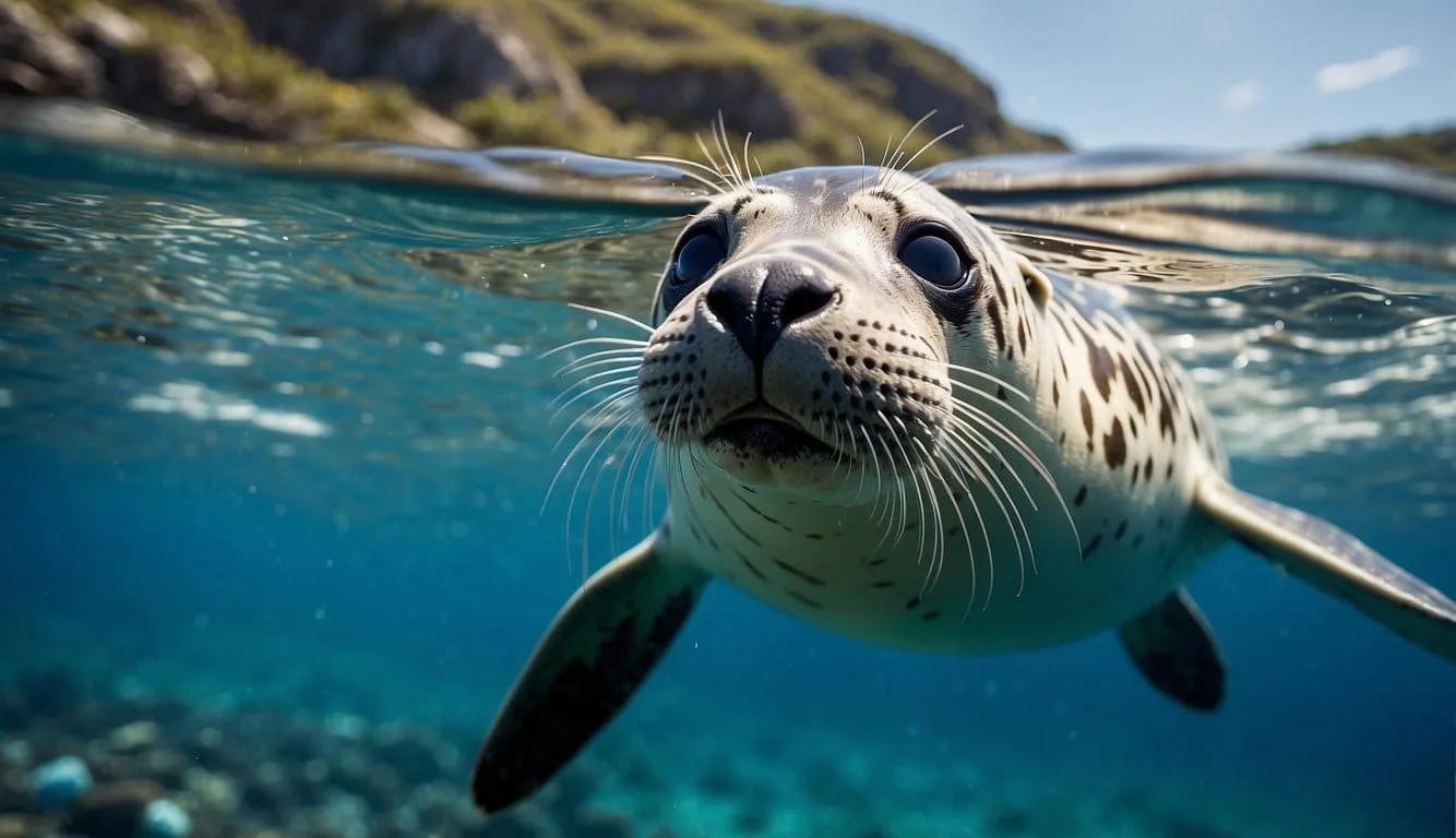 A seal swims in clear blue water, surrounded by floating debris. A conservation logo is visible on a nearby boat