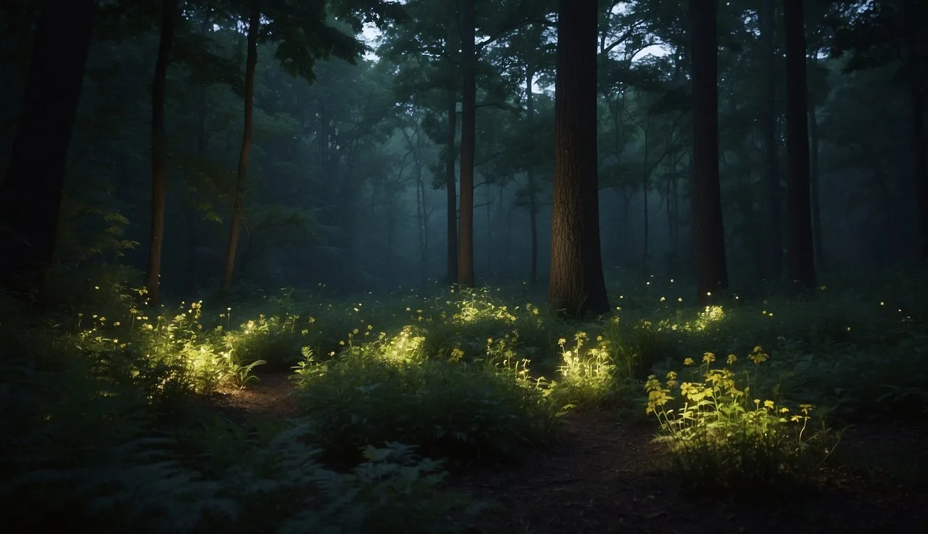 A lush forest at dusk, with trees and foliage illuminated by the soft glow of lightning bugs.</p><p>The serene scene depicts a natural habitat for these bioluminescent insects, highlighting the importance of conservation efforts