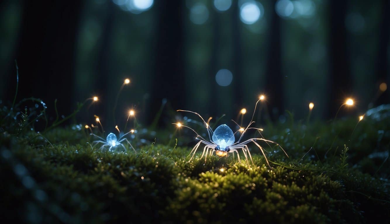 Lightning bugs emit flashes of light in a dark forest, signaling for mates.</p><p>They fly around, creating a mesmerizing display of bioluminescence