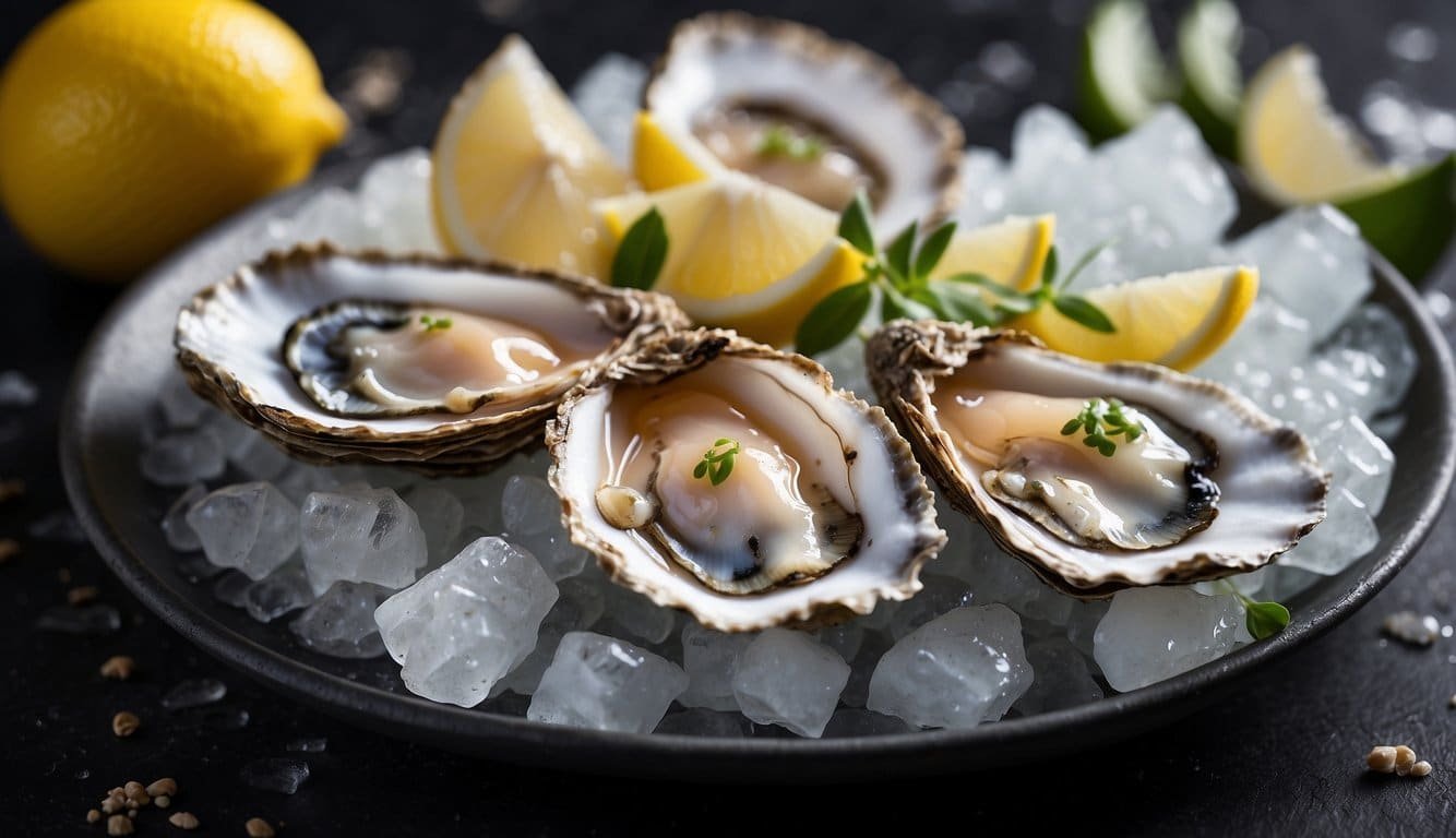 An oyster sits on a bed of ice, surrounded by lemon wedges and a small dish of mignonette sauce.</p><p>The shell is slightly open, revealing the succulent, glistening flesh inside