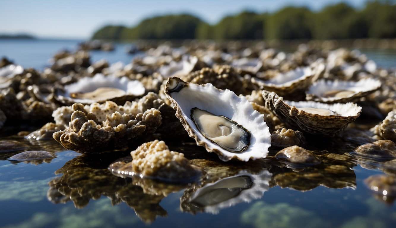 An oyster reef teeming with diverse marine life, surrounded by clear blue waters and a gentle ocean breeze.</p><p>Oyster shells and clusters are visible, with a few oysters being harvested