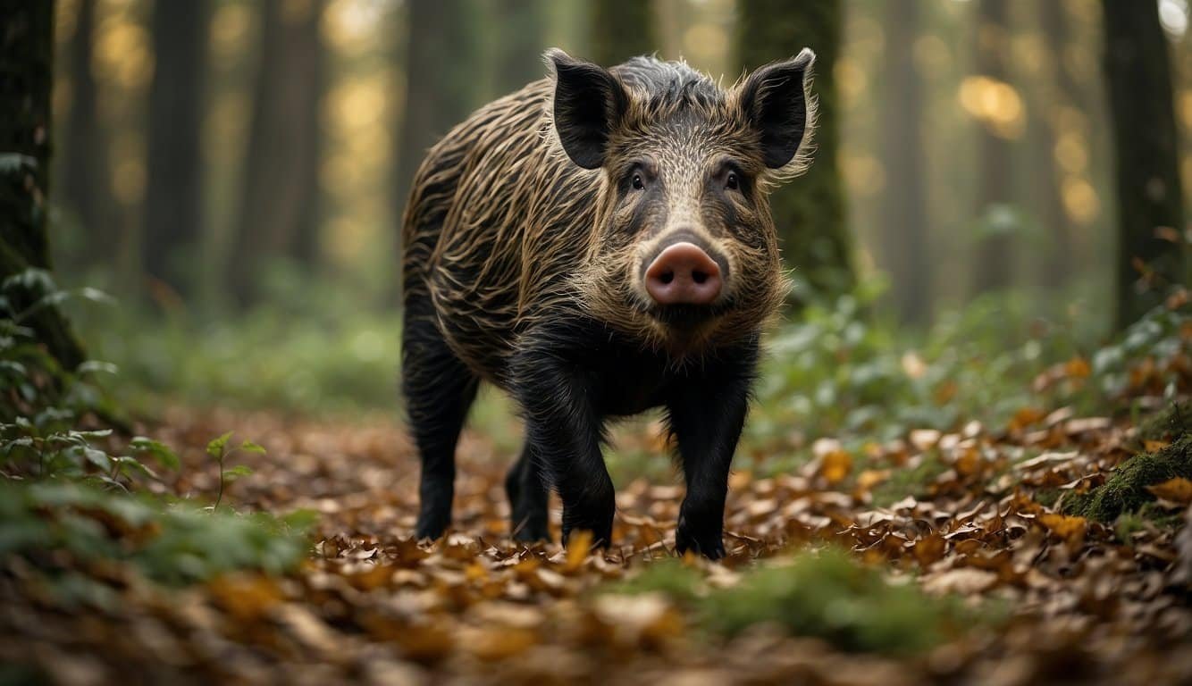 A wild boar forages for food in a dense forest, surrounded by lush greenery and fallen leaves.</p><p>The boar's sturdy frame and sharp tusks are visible as it moves through the underbrush