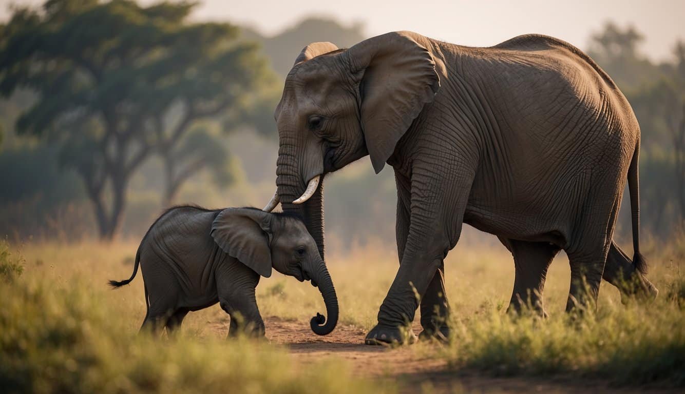 An elephant mother tenderly cares for her newborn calf after a 22-month pregnancy