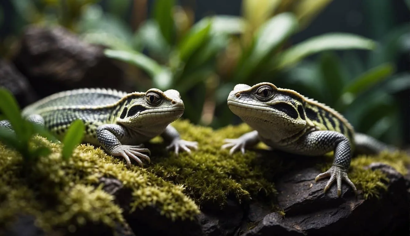 Reptiles basking on rocks, flicking tongues, and slithering through foliage in a terrarium
