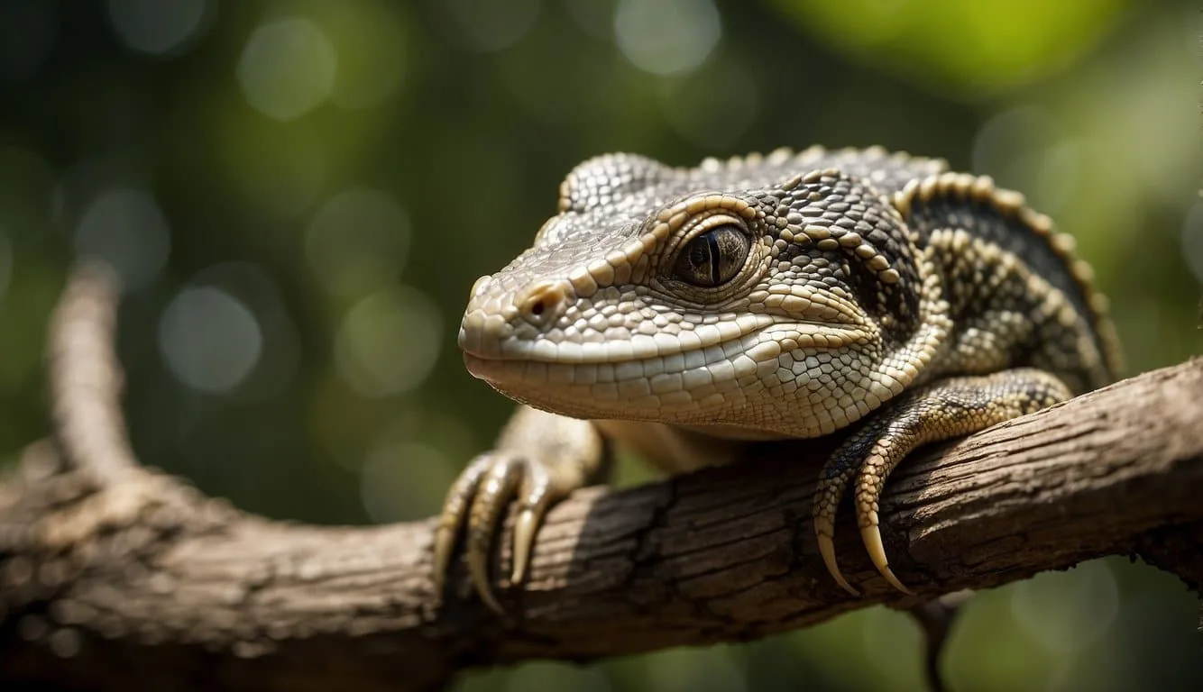 A reptile's muscular body coils around a branch, scales glistening in the sunlight. Its long, forked tongue flicks out to taste the air