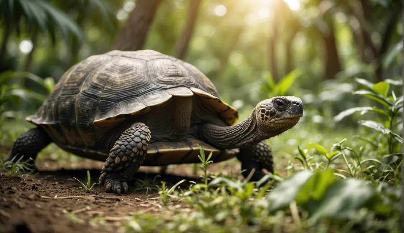 Giant tortoises grazing in lush vegetation, surrounded by diverse wildlife. Threats like habitat loss and invasive species loom in the background