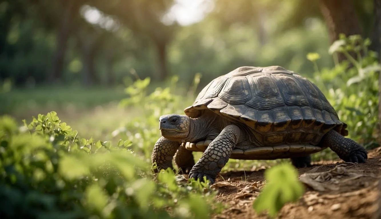 Giant tortoises roam the lush, green landscape, munching on vegetation and basking in the warm sunlight. Their slow, deliberate movements and impressive size showcase their unique behavior and biology