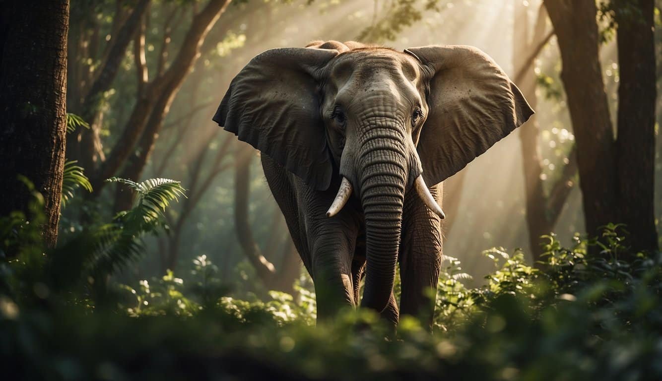 A majestic elephant stands in a lush, green forest, its tusks gleaming in the sunlight.</p><p>Nearby, a group of armed poachers lurk in the shadows, poised to strike