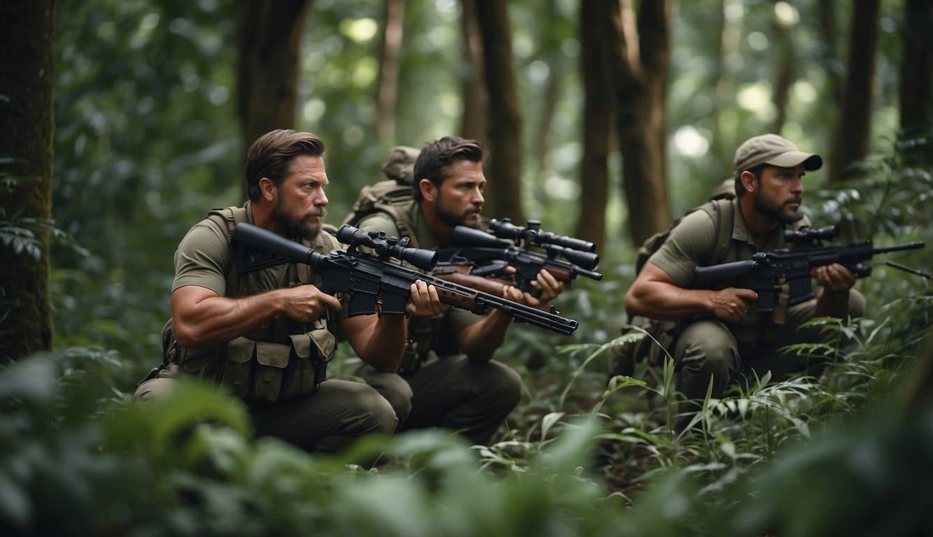 A group of hunters stalking endangered animals in a lush forest, armed with rifles and intent on capturing them for profit