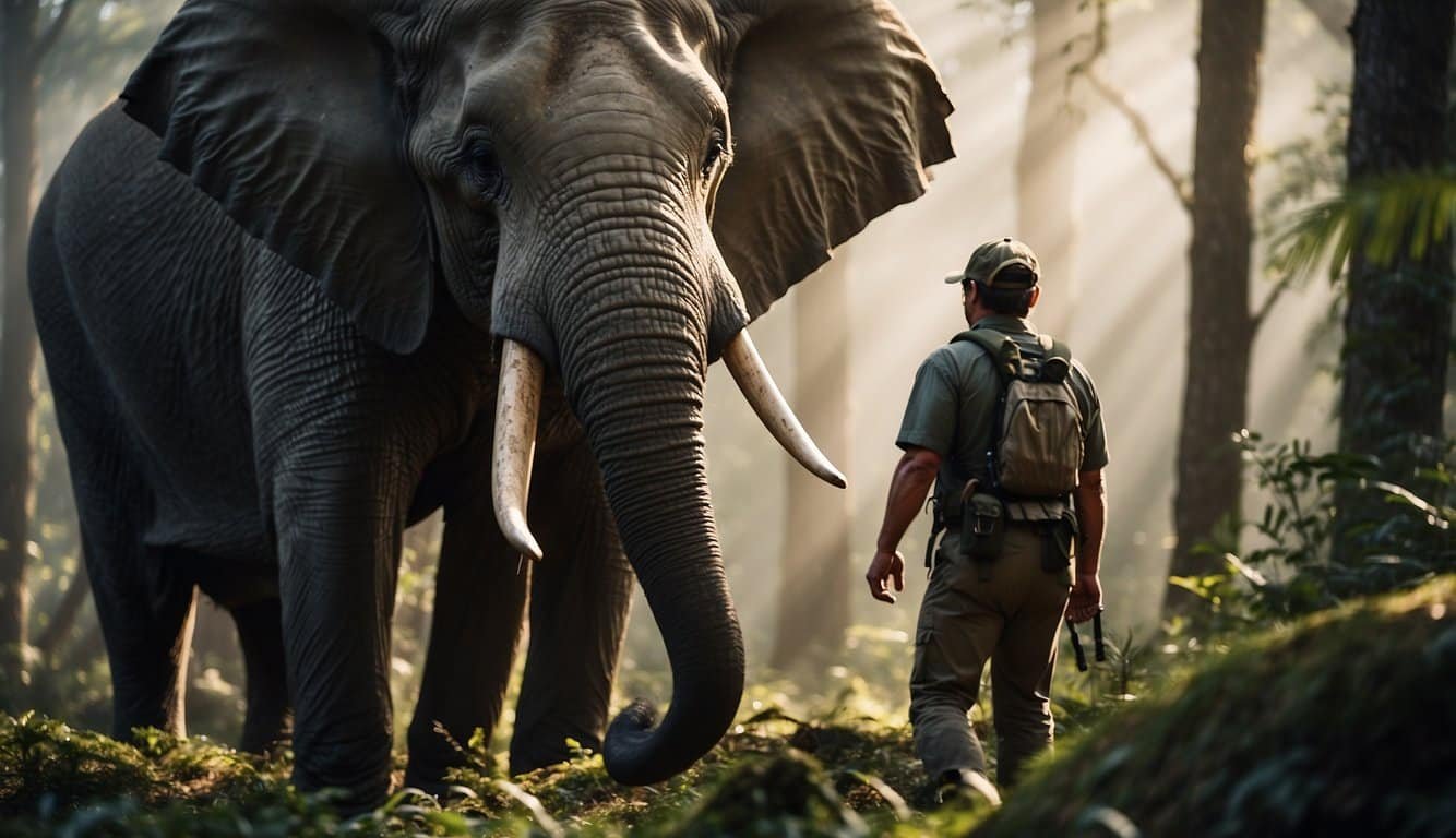 A hunter sets a trap in the forest.</p><p>A majestic elephant cautiously approaches, unaware of the danger lurking in the shadows