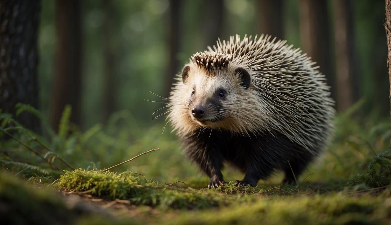 A porcupine waddles through the forest, its quills bristling as it forages for food and cautiously sniffs the air for potential threats