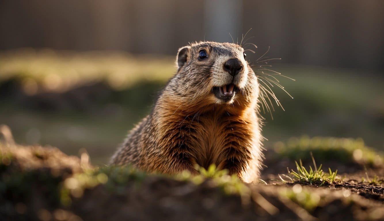 A groundhog emerges from its burrow, sniffing the air and scanning its surroundings.</p><p>The sun casts a warm glow on its brown fur as it stands on its hind legs, looking for signs of spring