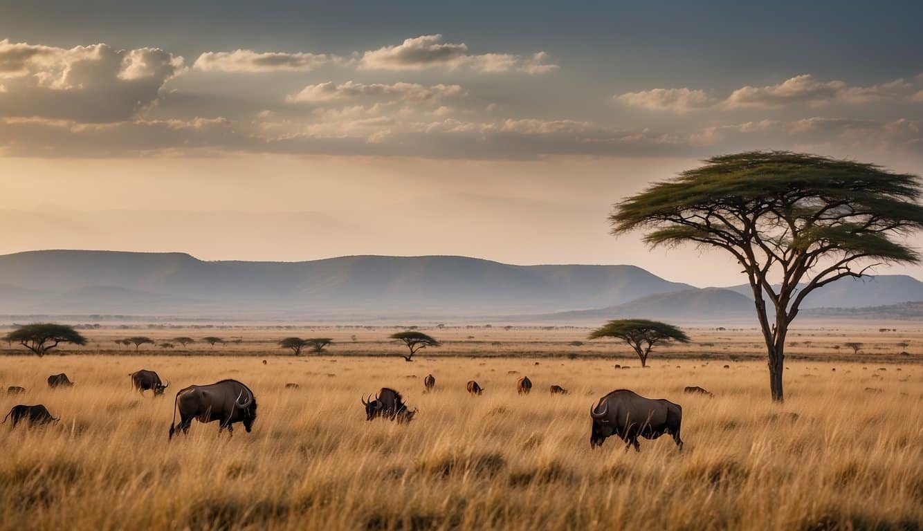 A vast savanna with scattered acacia trees, where herds of wildebeest roam freely.</p><p>The landscape is dotted with grasslands and small waterholes